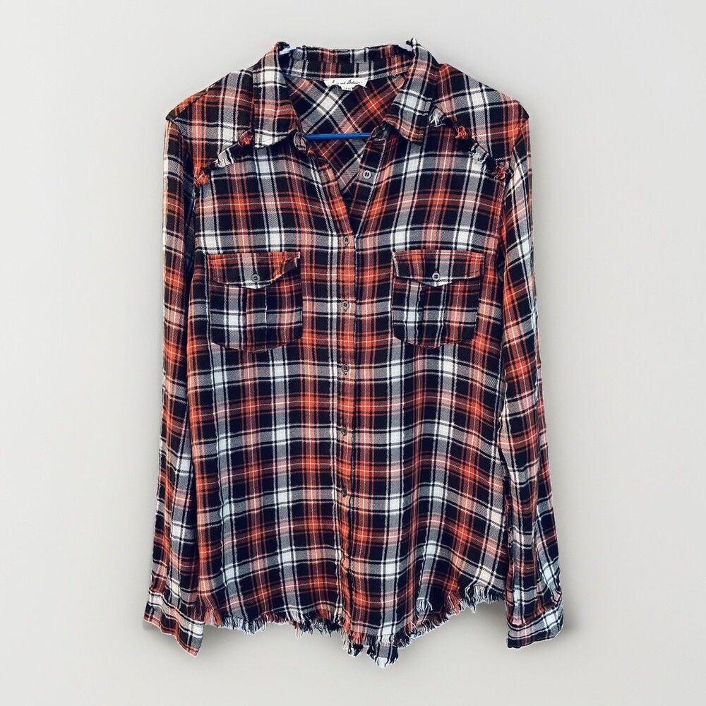 Jane And Delancey Plaid Button Up Shirt Size L Orange Brown Western Raw Hem Top